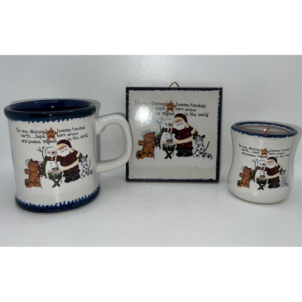 3 PC. Santa Stone‎ Gift Set Cup Trivet Candle Holder With Red Candle New